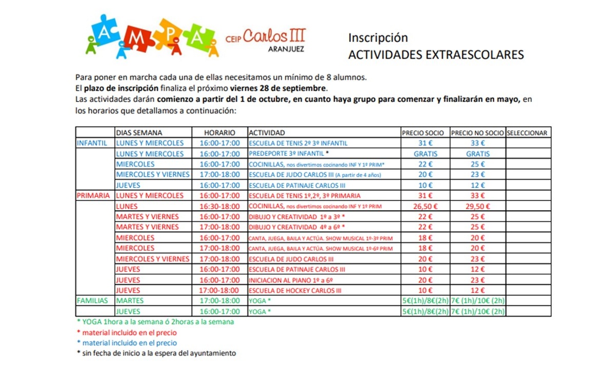 PROPUESTA DE ACTIVIDADES EXTRAESCOLARES AMPA CURSO 2018/19